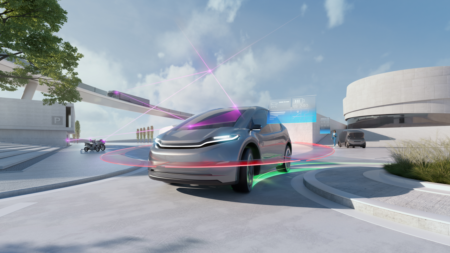 Illustration of a futuristic looking car with digital data swirling around it.