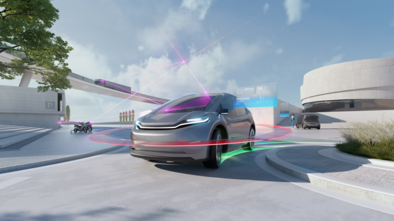 Illustration of a futuristic looking car with digital data swirling around it.