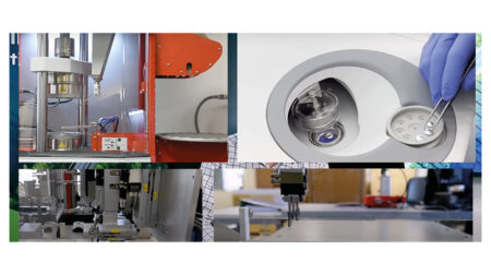 Black Donuts launches a material research center. This composite image is broken into quarters, with various testing technology depicted in each.