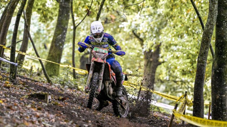 Motorcyclist riding a bike with Dunlop tires.