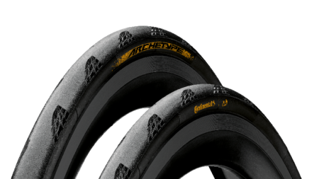 The Continental Archetype racing tire developed with UAE Team Emirates for the Tour de France, and shown here in profile with the brand and model logo down the outside.