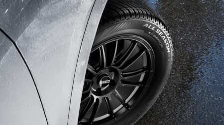 the Scorpion All Season SF3 show on the front right wheel of a silver SUV.