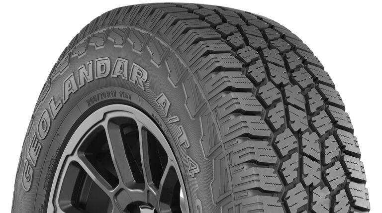 A tire in Yokohama’s all-terrain Geolandar A/T4 range shown in profile against a white backdrop.
