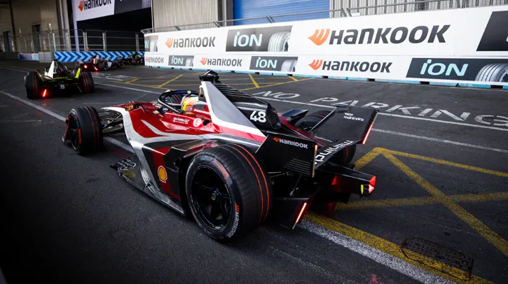 Hankook enters fourth year as exclusive tire supplier to Formula E as S12 pre-season testing kicks off in Valencia A Formula E race car in with Hankook branding along the side drives along a race track, with Hankook advertising on the racetrack wall behind