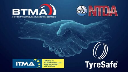 The logos of TyreSafe, BTMA, ITMA and NTDA on top of an image of two shaking hands