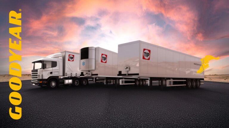 TIP Group. Trucks parked side by side with Goodgear’s logo located to the left.