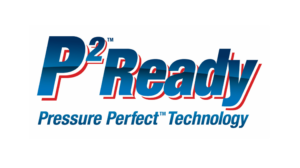 Titan Pressure Perfect (P2) logo in blue lettering with a thing red border, on a red background.