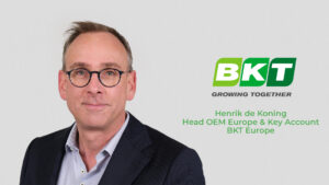 Headshot of Henrik de Koning on a grey background with the BKT logo on the right above his job titles, which are written out.