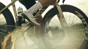 The Dubnital 50mm on a canyon gravel bike with a rider in white socks and cycle shoes.