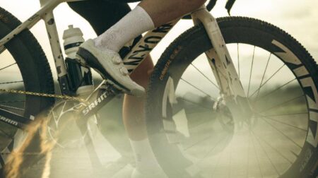 The Dubnital 50mm on a canyon gravel bike with a rider in white socks and cycle shoes.