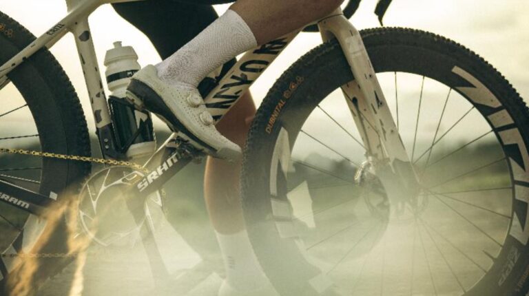 The Dubnital 50mm on a canyon gravel bike with a rider in white socks and cycle shoes.