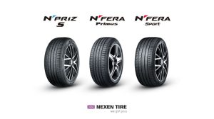 Three Nexen tires arranged in series for a promo pic, with the names written above them and the company logo at the top. All on a white background.