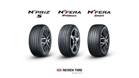 Nexen tires selected for Kia Seltos in Europe and North America Three Nexen tires arranged in series for a promo pic, with the names written above them and the company logo at the top. All on a white background.