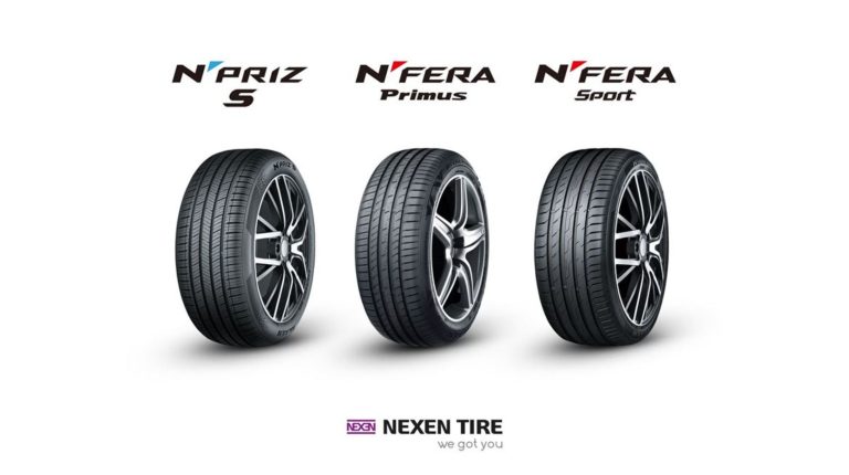 Three Nexen tires arranged in series for a promo pic, with the names written above them and the company logo at the top. All on a white background.