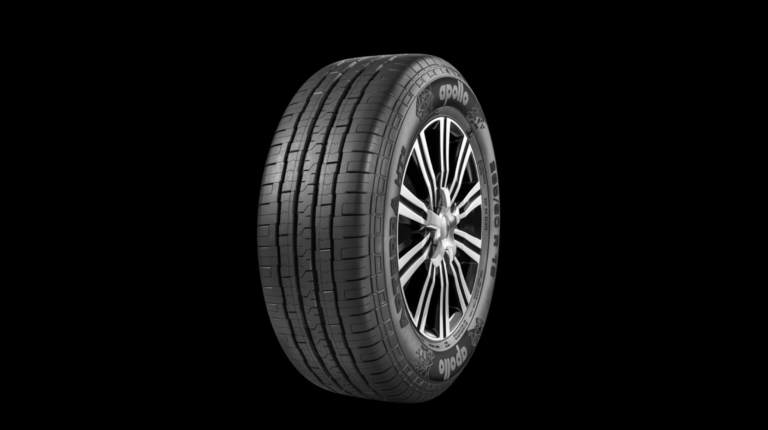 The Apterra HT5 by Apollo Tyres shown in profile against a black background.
