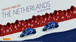 Graphic with two riders in blue on blue racing motorcycles in front of a tow of red townhouses depicting the GP of the Netherlands