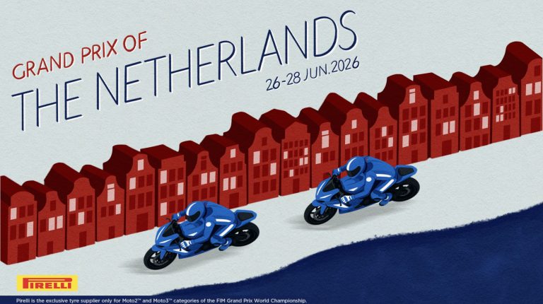 Graphic with two riders in blue on blue racing motorcycles in front of a row of red townhouses depicting the GP of the Netherlands