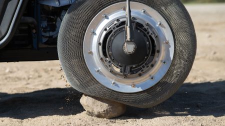 Close up of a Goodyear tire that will be used on the Pegasus lunar terrain vehicle.
