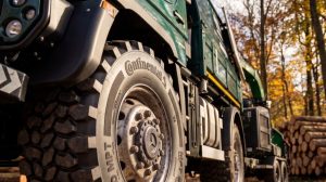 A close up of a construction vehicle with Continental tires.