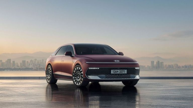 The Hyundai New Grandeur SUV parked on a rooftop in front of a city background.