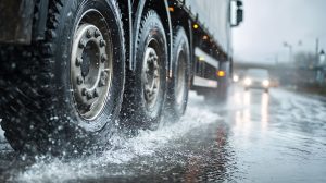 Close up of Michelin tires on a truck driving through wet rainy conditions.