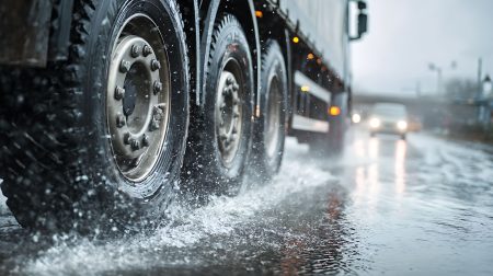 Michelin extends X Line Grip D offering with retread and new sizes Close up of Michelin tires on a truck driving through wet rainy conditions.