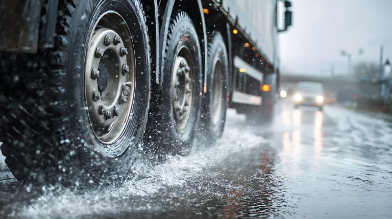 Michelin extends X Line Grip D offering with retread and new sizes Close up of Michelin tires on a truck driving through wet rainy conditions.