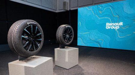 Continental develops bespoke tire for Renault that delivers up to 35% lower rolling resistance The bespke Continental tire for Renault sits on a plinth in front of a large projector screen as part of the Renault Group’s “Sustainability Tour.