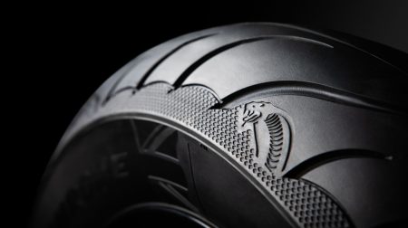 Avon Tyres expands motorcycle tire range Close-up of the Cobra Chrome tire against a black background.