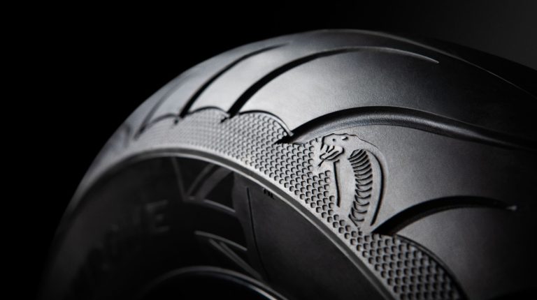 Avon Tyres expands motorcycle tire range Close-up of the Cobra Chrome tire against a black background.