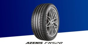 The custom Falken Azenis FK520 tire shown against a blue and white background.