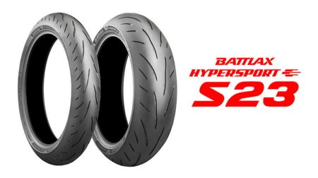 Yamaha equips new YZF-R7 with Bridgestone Battlax Hypersport S23 tires The Battlax Hypersport S23 tire shown against a white background.
