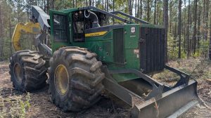 A John Deere 648L-II Skidder with 35.5L-32 Titan ForestEdge tires