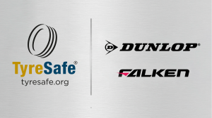 Dunlop, Falken and TyreSafe logos on a grey background.