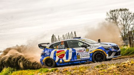 Hankook named exclusive tire supplier for Belgian Rally Championship A Belgian Rally car takes a turn at high speed, with dust and dirt flying.