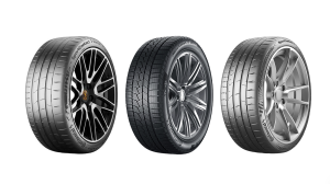 Three Continental tires against a white background.
